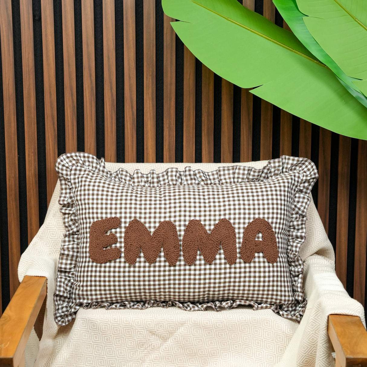 Personalized Punch Needle Pillow with Gingham Ruffle: Soft Nursery Decor