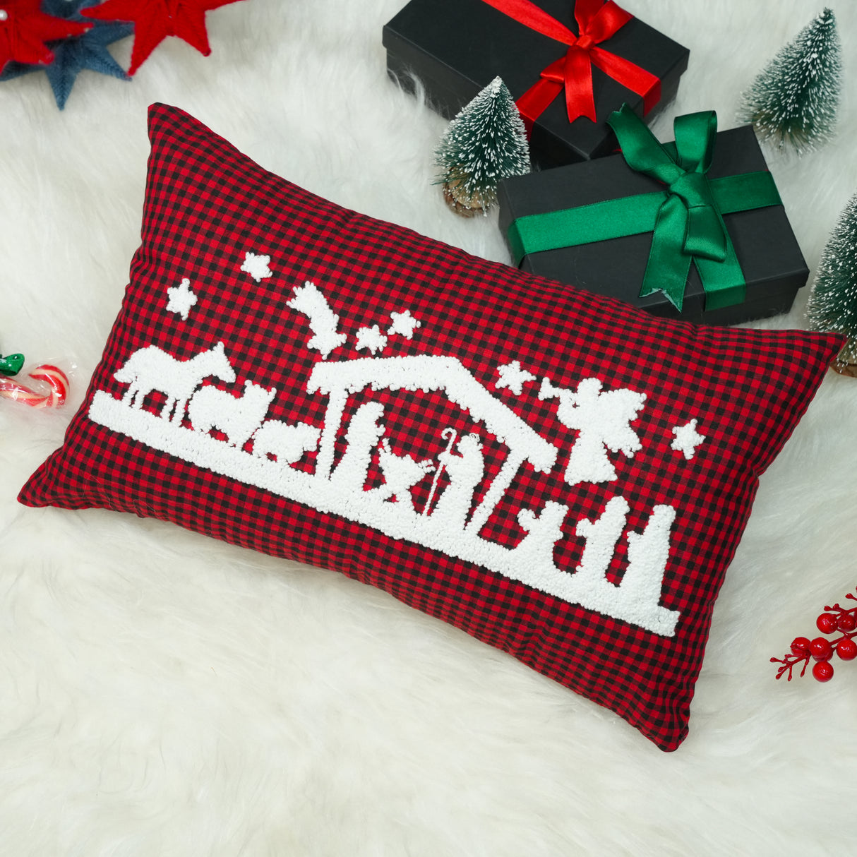 Nativity Scene Christmas Pillow: Punch Needle Embroidered Christian Chiristmas Gift
