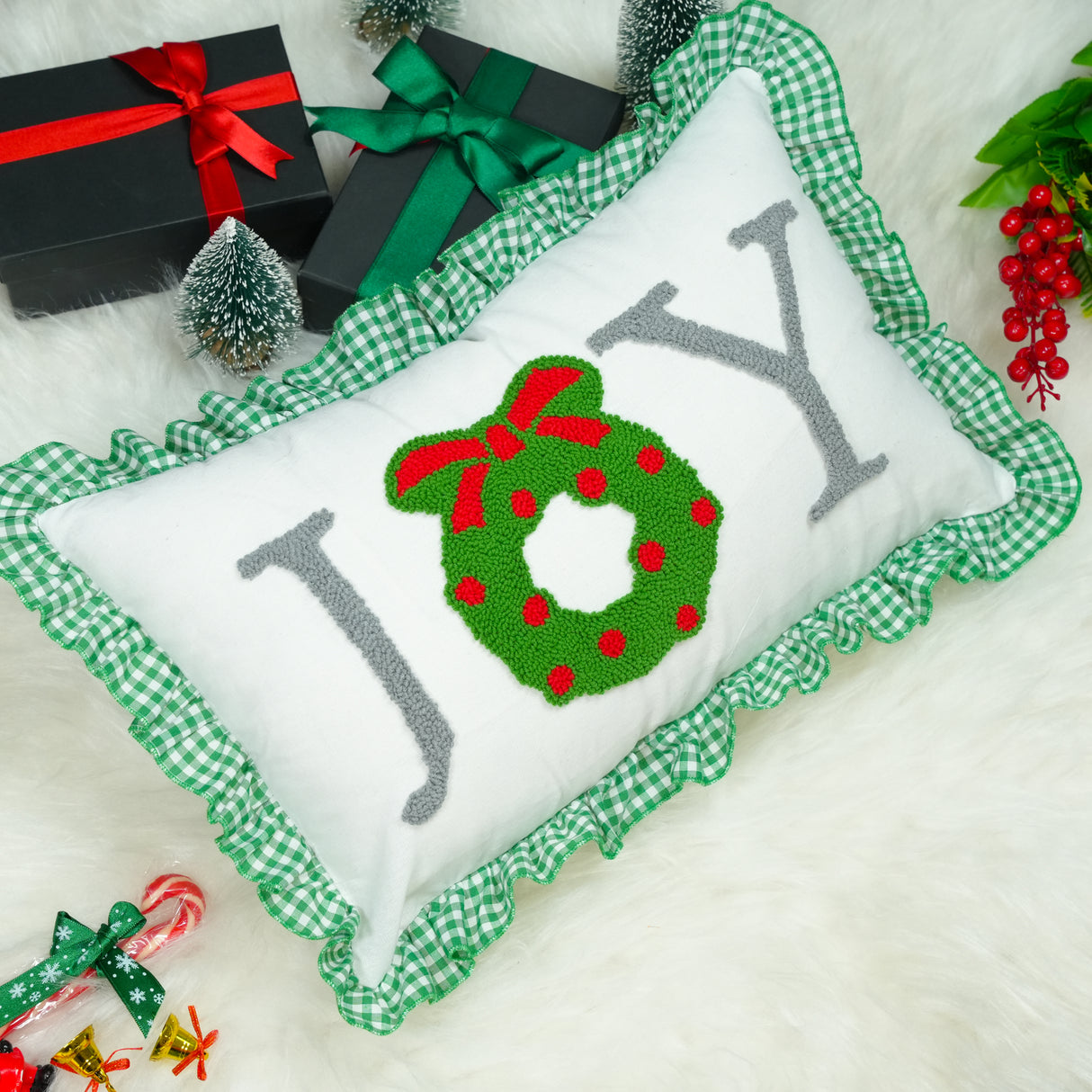 Joy Christmas Punch Needle Pillow: Wreath Embroidered Cushion with Gingham Ruffle