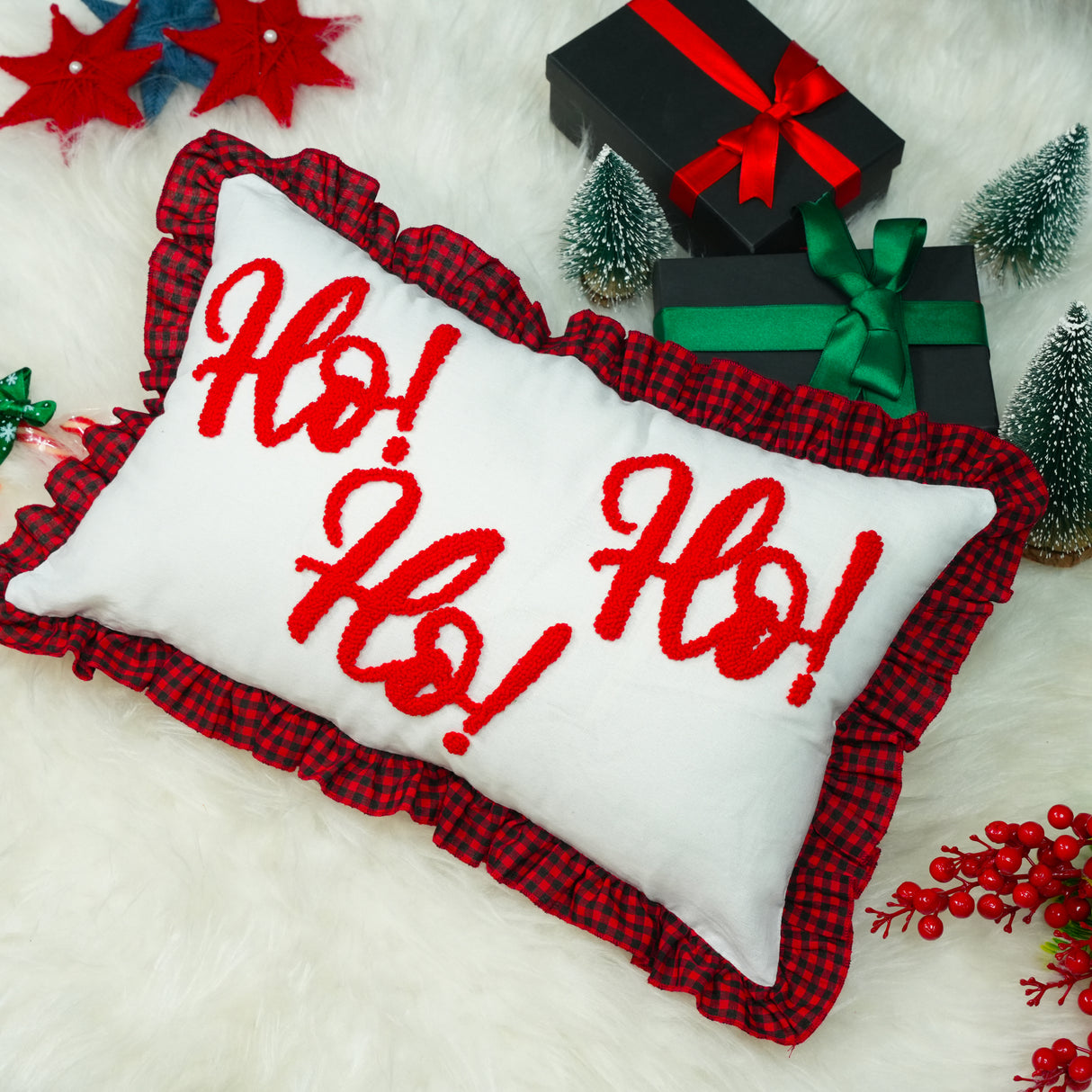 Joy Christmas Punch Needle Pillow: Wreath Embroidered Cushion with Gingham Ruffle