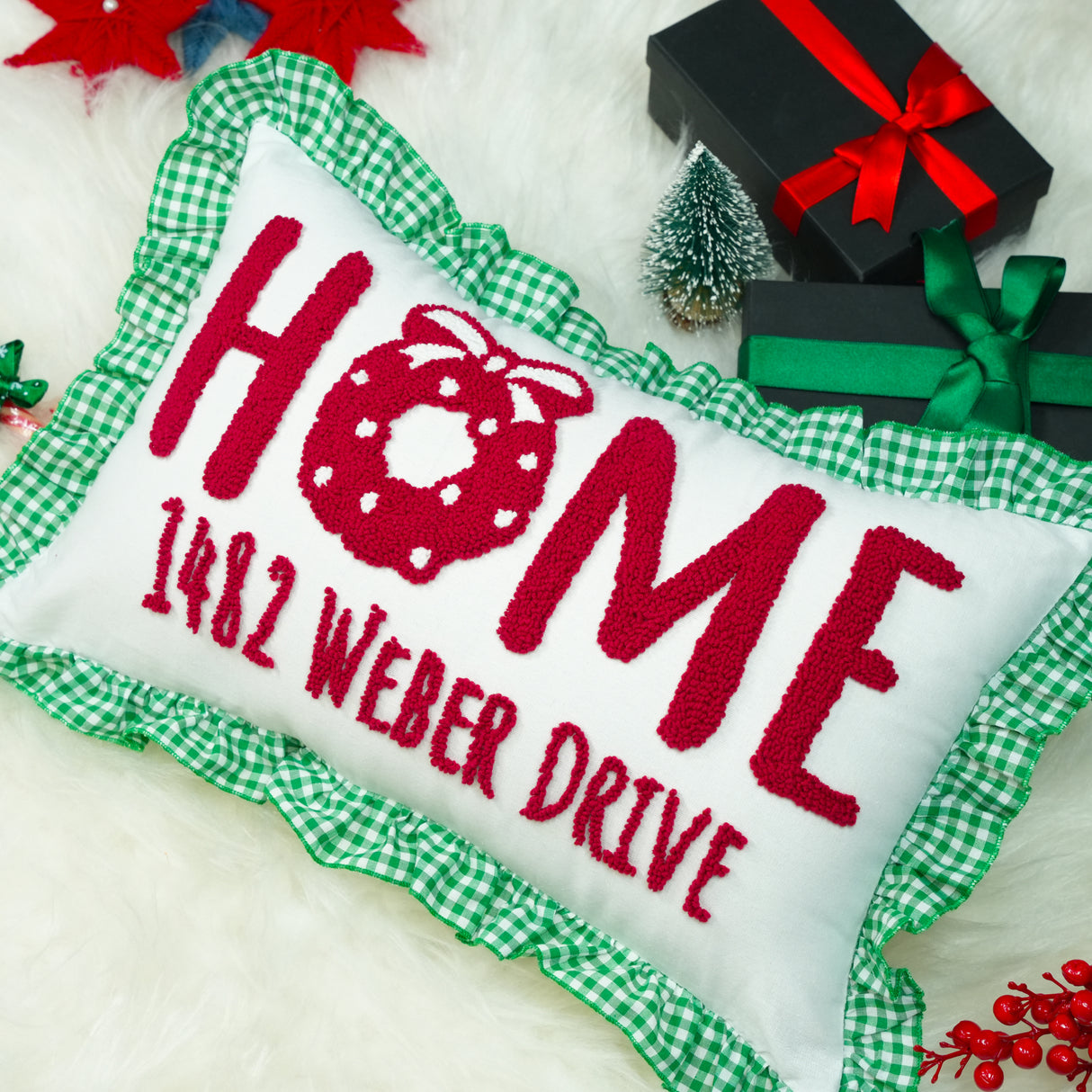 Joy Christmas Punch Needle Pillow: Wreath Embroidered Cushion with Gingham Ruffle