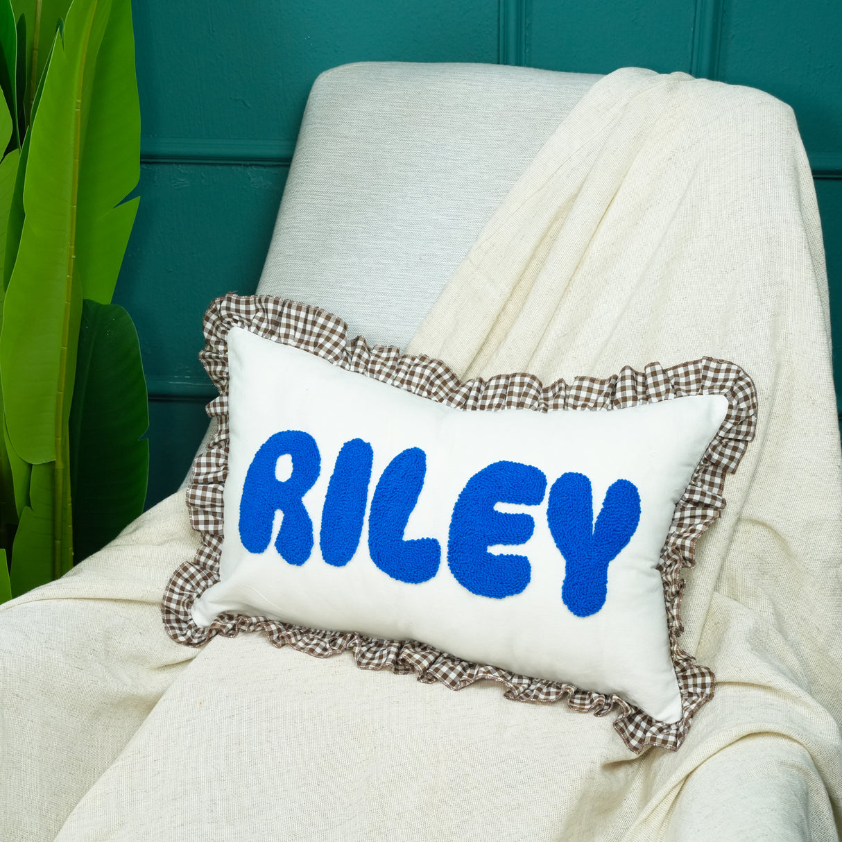 Custom Name Pillow with Punch Needle Embroidery: Gingham Ruffle, Soft Nursery Decor