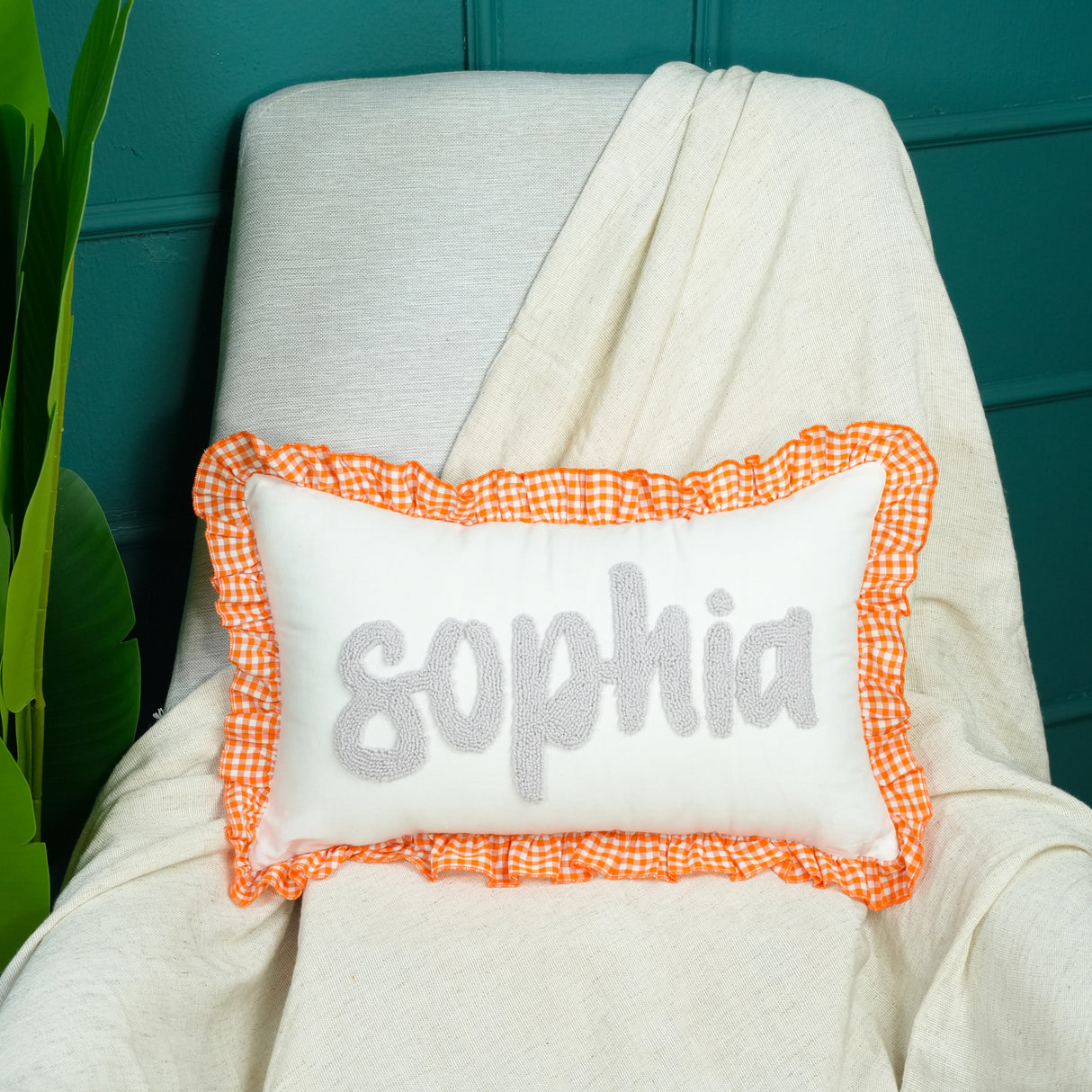 Custom Name Pillow with Punch Needle Embroidery: Gingham Ruffle, Soft Nursery Decor