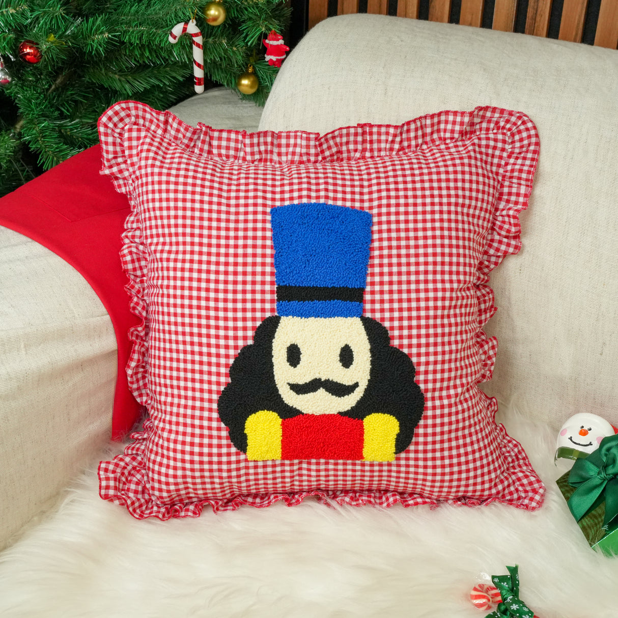 Nutcracker Punch Needle Christmas Pillow: Gingham Holiday Cushion, Seasonal Home Decor