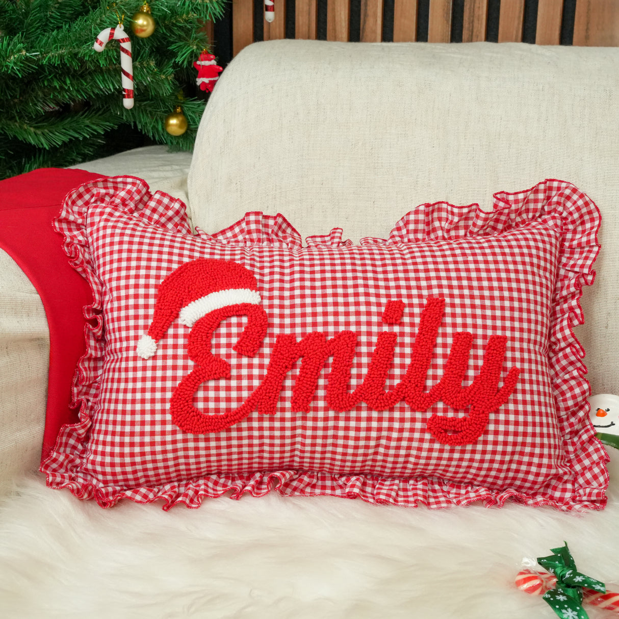 Personalized Christmas Name Throw Pillow: Red Plaid Ruffle Cushion Cover