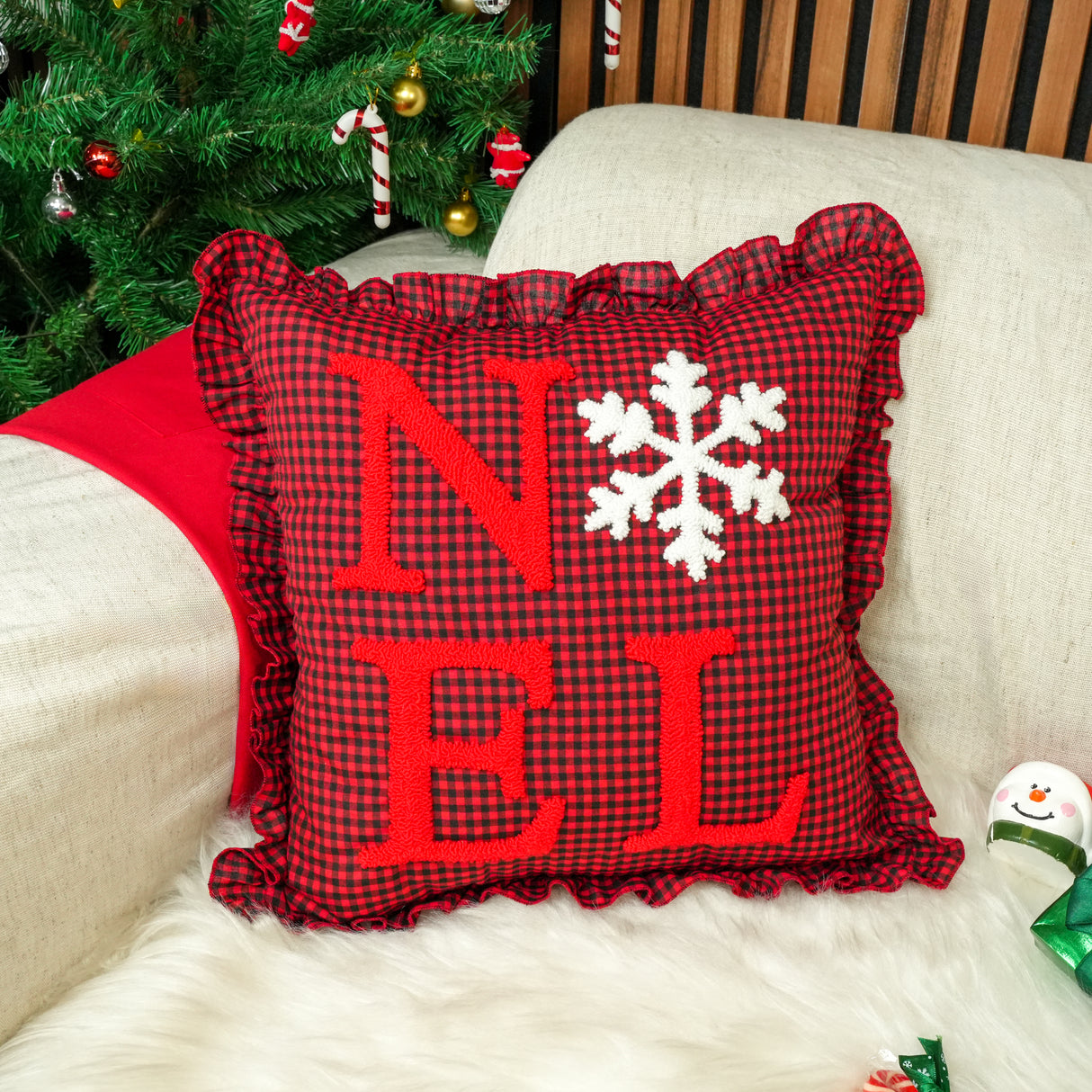 Nutcracker Punch Needle Christmas Pillow: Gingham Holiday Cushion, Seasonal Home Decor