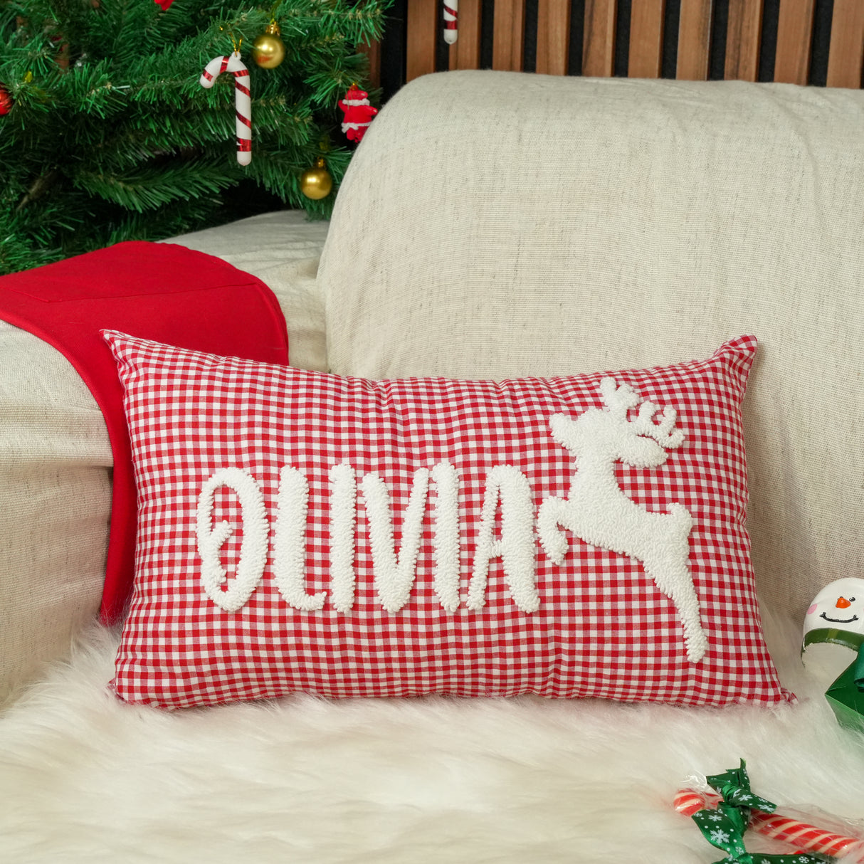 Custom Reindeer Christmas Name Pillow: Red Gingham Embroidered, Holiday Gift for Her