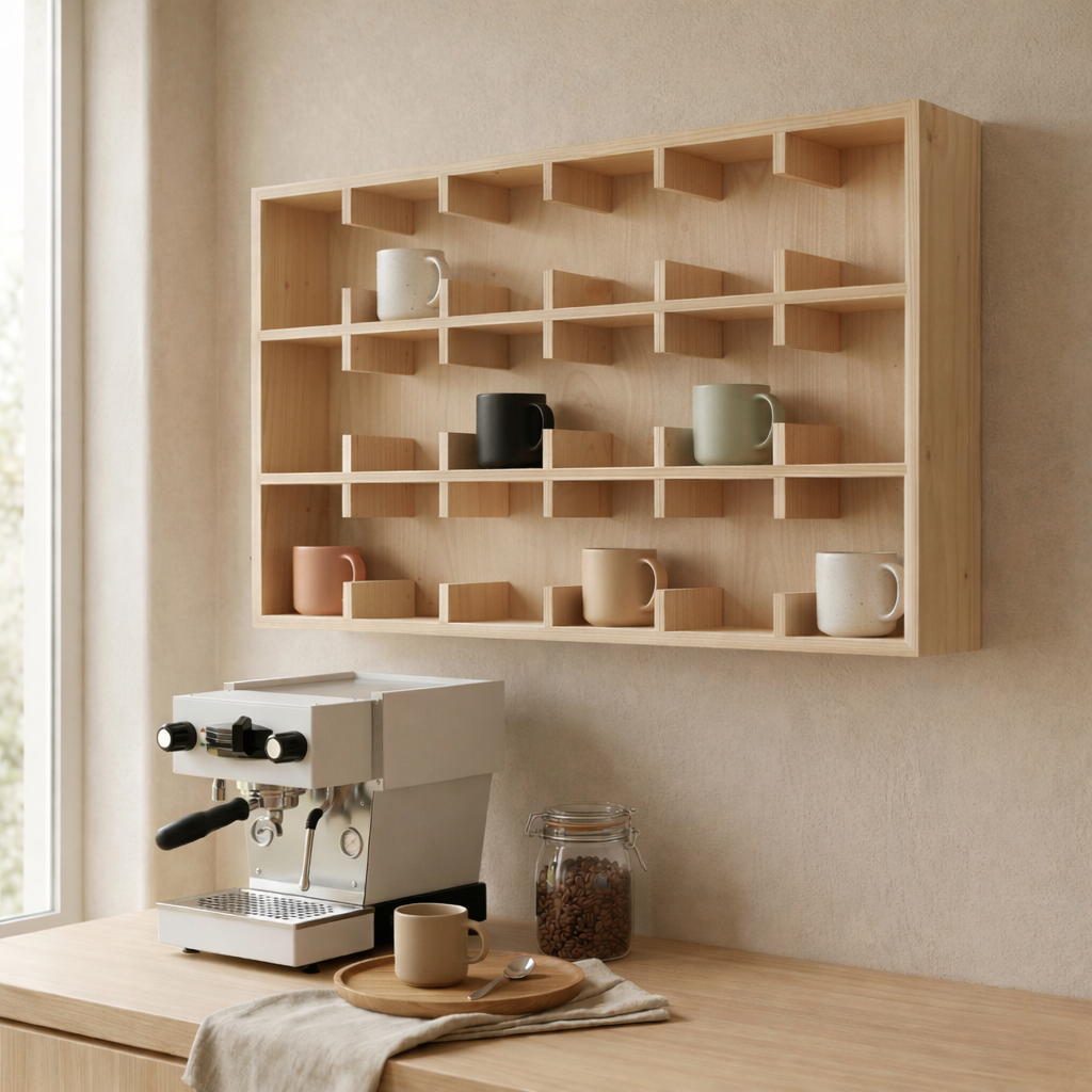 Wooden Coffee Mug Rack Display Shelf: Kitchen Coffee Bar Decor