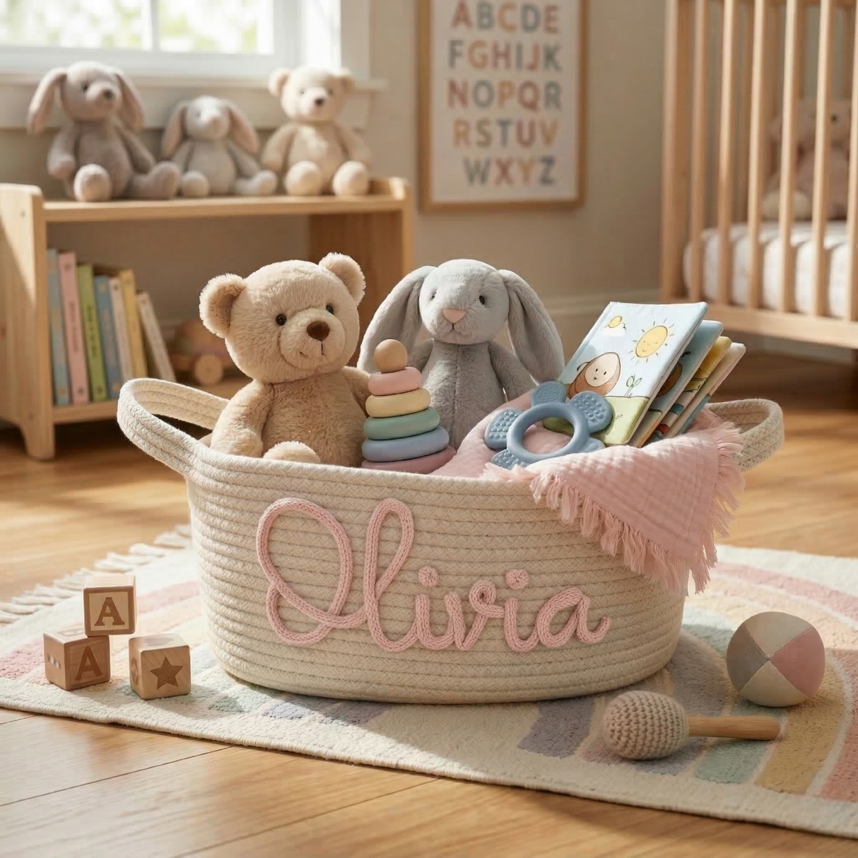 Custom Name Baby Easter Gift Basket: Cotton Rope Toy Organizer