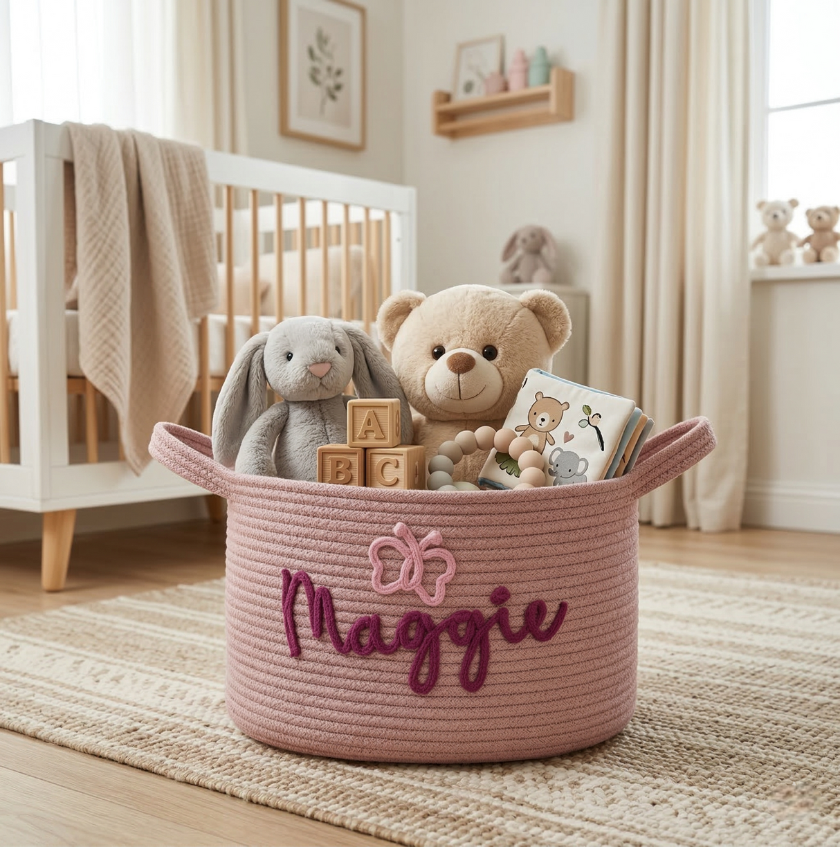 Custom Name Baby Easter Gift Basket: Cotton Rope Toy Organizer