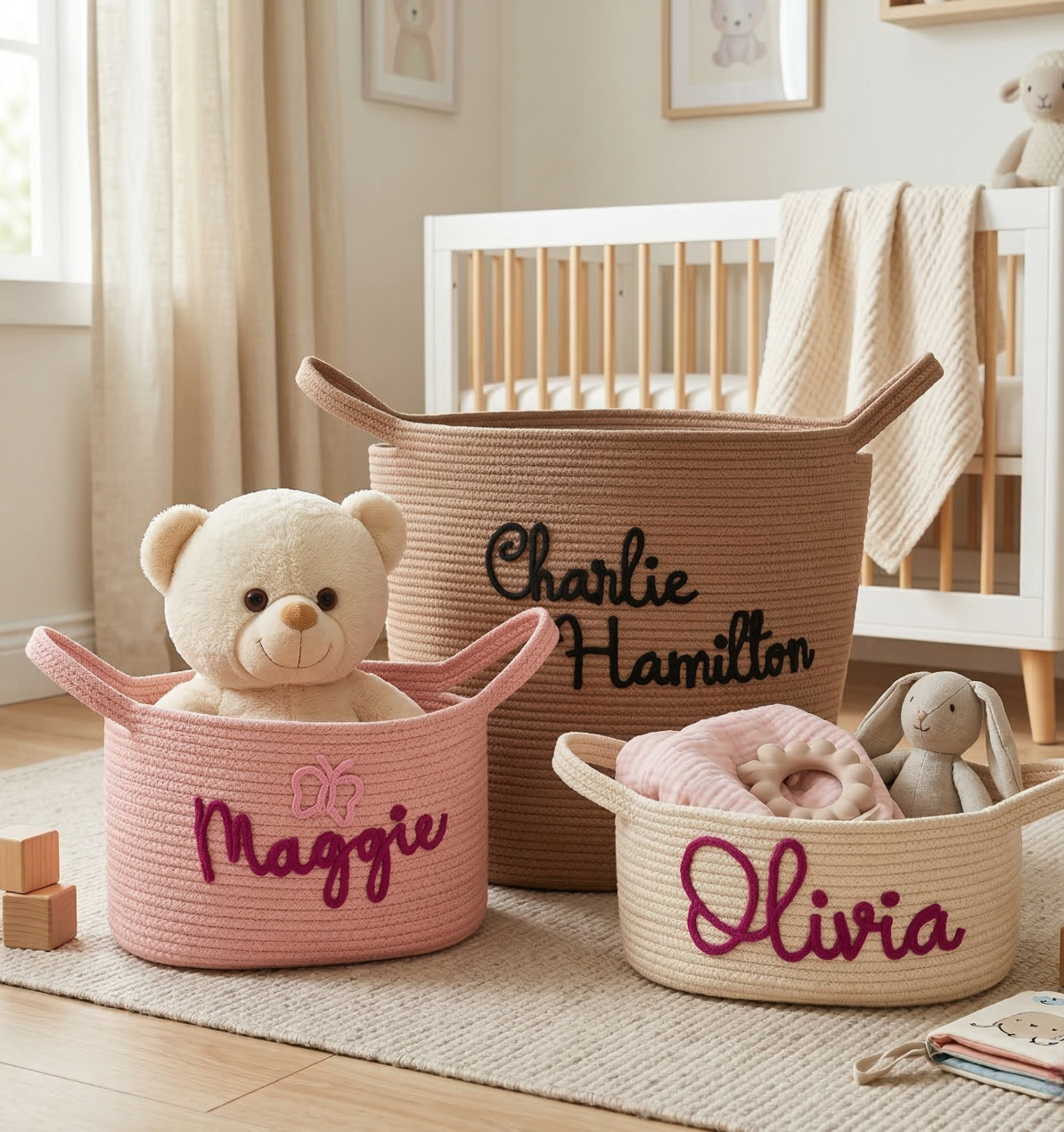Custom Name Baby Easter Gift Basket: Cotton Rope Toy Organizer