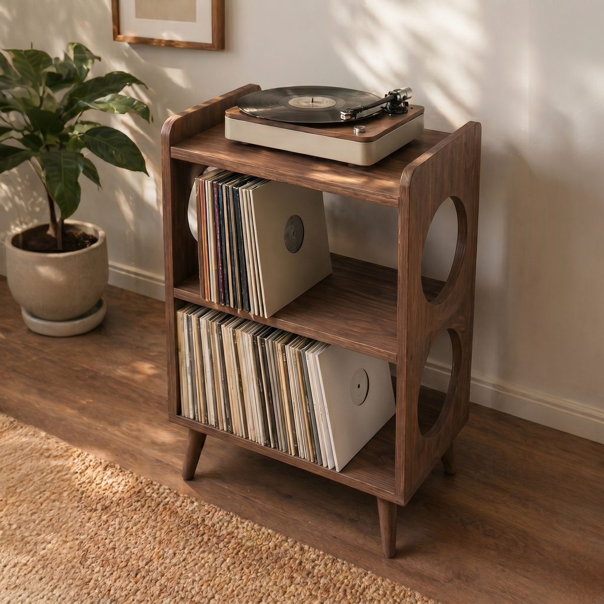 Wooden Turntable Stand with Vinyl Record Storage | Modern Record Player Console