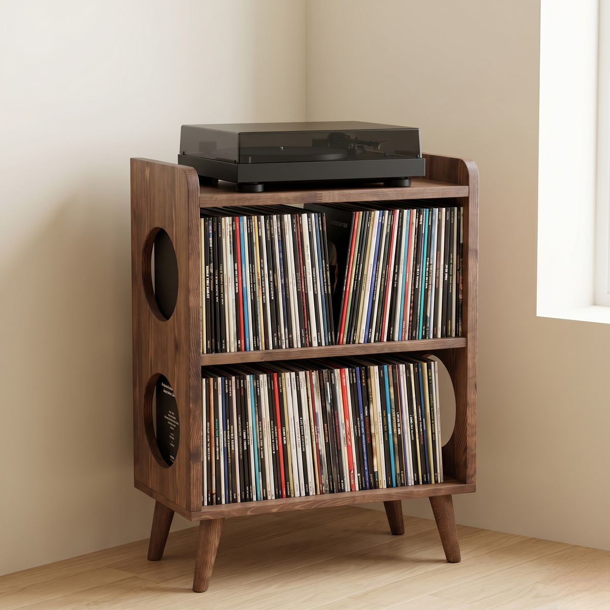 Wooden Turntable Stand with Vinyl Record Storage | Modern Record Player Console