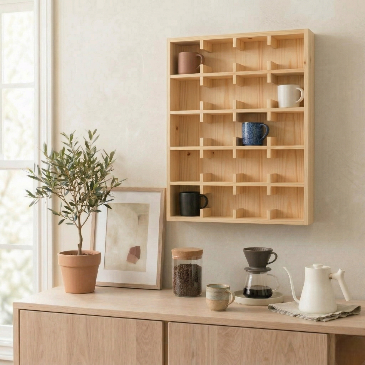 Coffee Mug Shelf for Wall: Wooden Tea Cup Holder, Modern Coffee Station