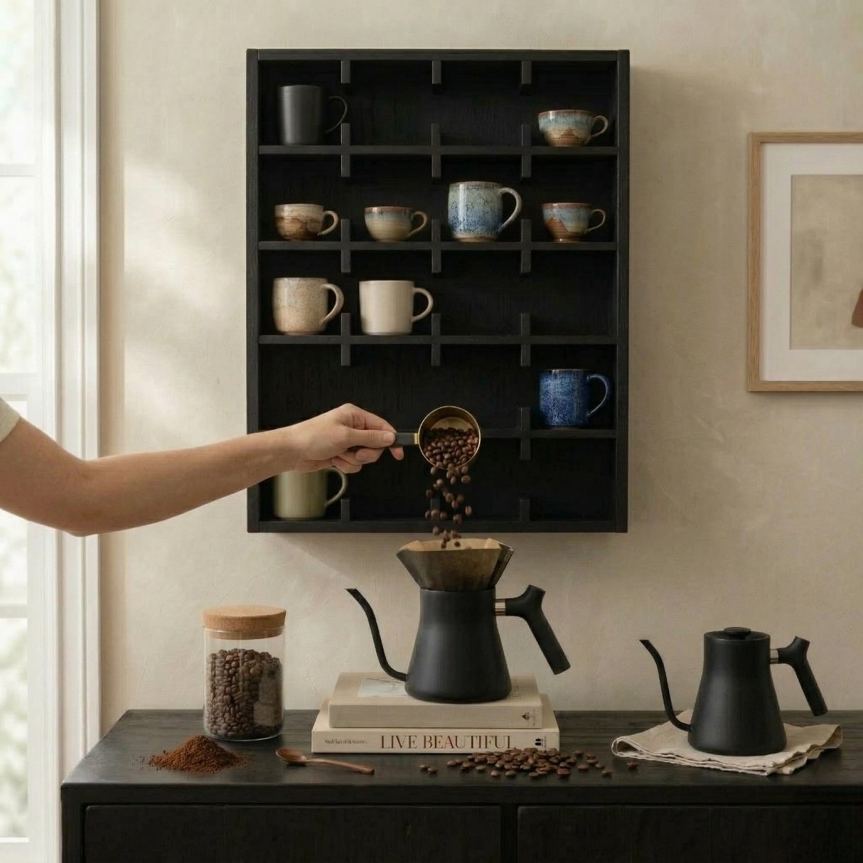 Wooden Coffee Mug Rack Display Shelf: Kitchen Coffee Bar Decor