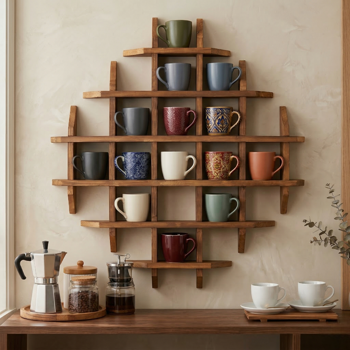 Wall Mounted Tea Coffee Mug Display Shelf: Cup Holder Kitchen Storage