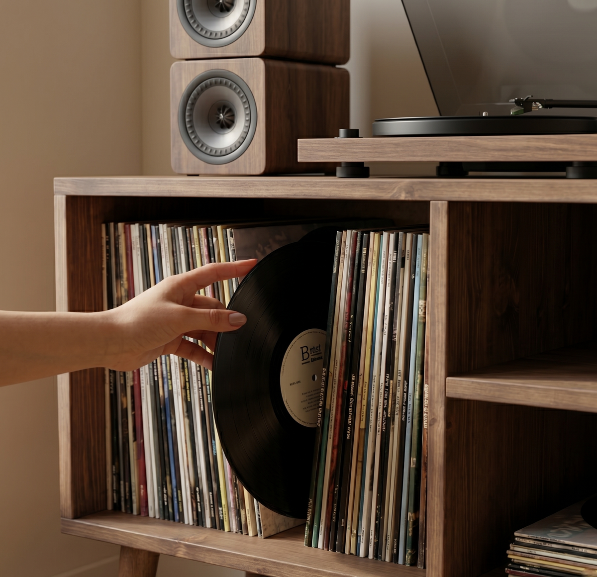 Mid-Century Record Player Stand with Vinyl Storage | Wooden Console Cabinet
