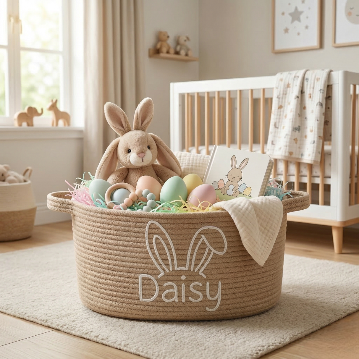 Custom Name Baby Easter Gift Basket: Cotton Rope Toy Organizer
