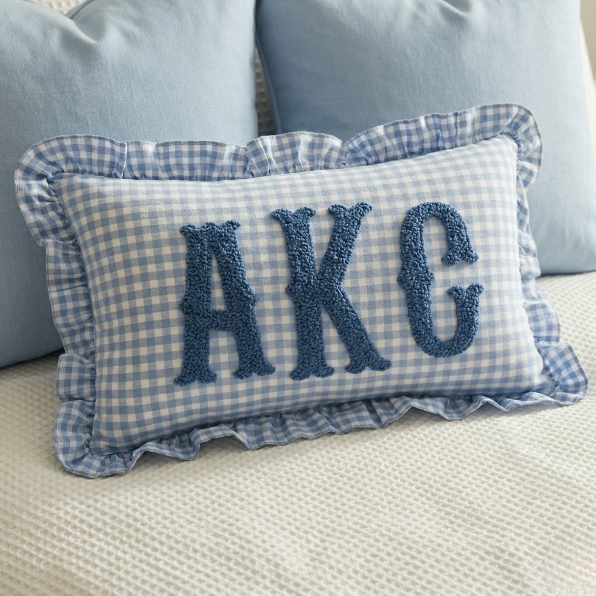 Personalized Monogram Pillow: Gingham Nursery Cushion with Ruffle, Name Pillow Gift