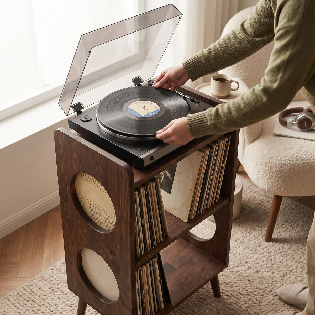 Wooden Turntable Stand with Vinyl Record Storage | Modern Record Player Console