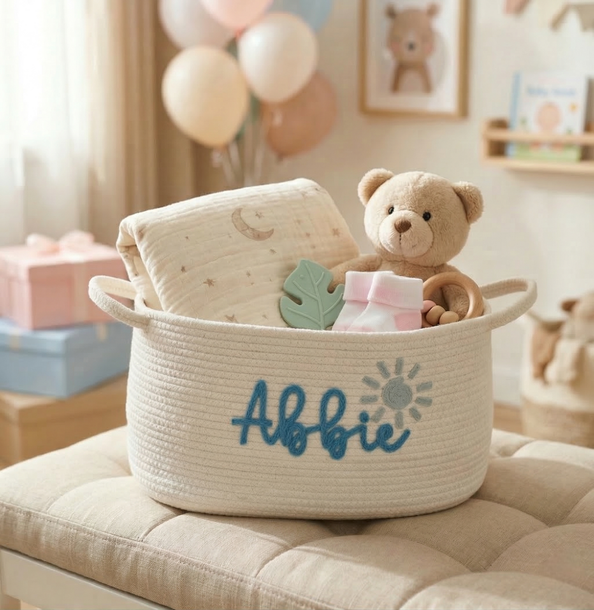 Custom Name Baby Easter Gift Basket: Cotton Rope Toy Organizer