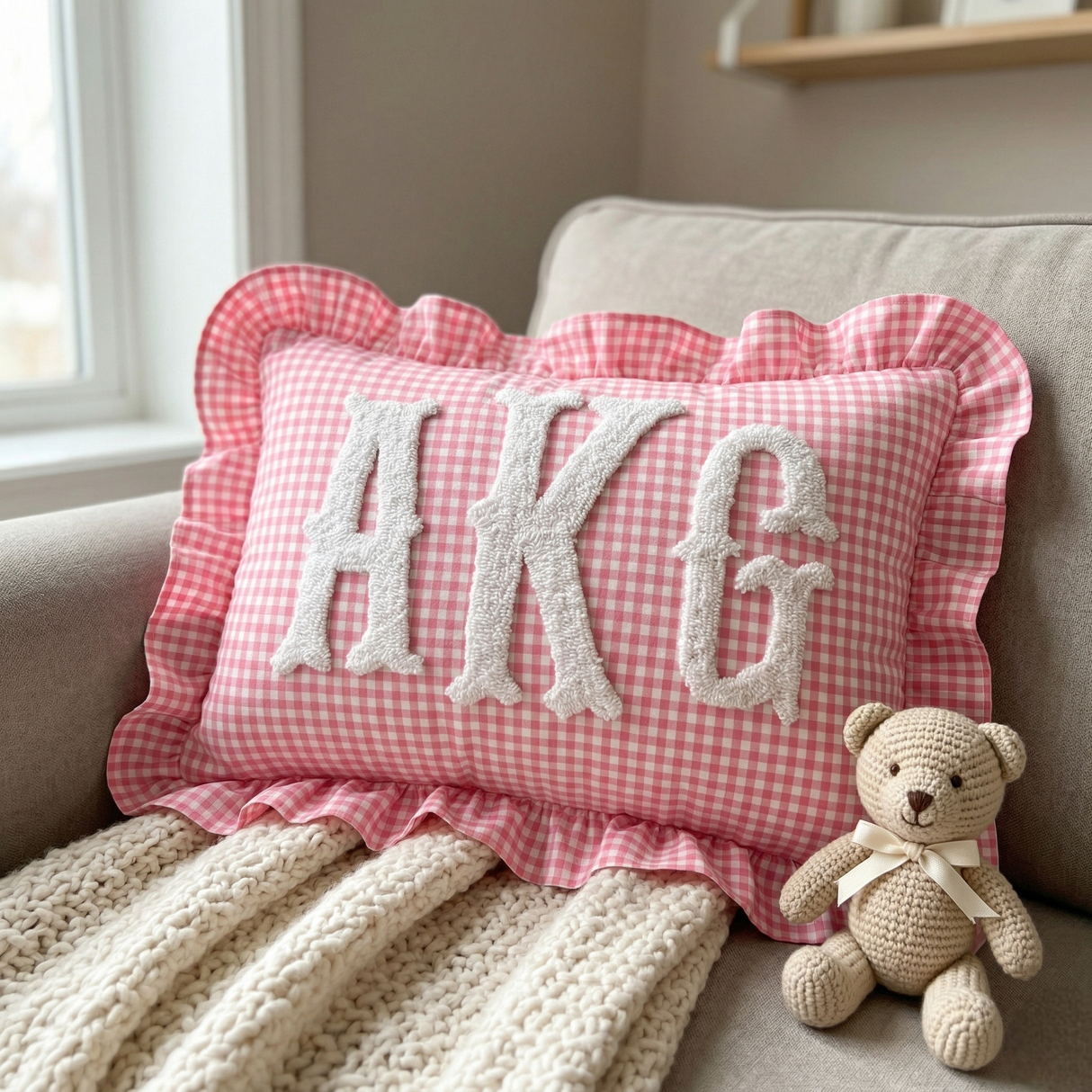 Baby Name Pillow with Ruffles: Personalized Gingham Nursery Keepsake Gift