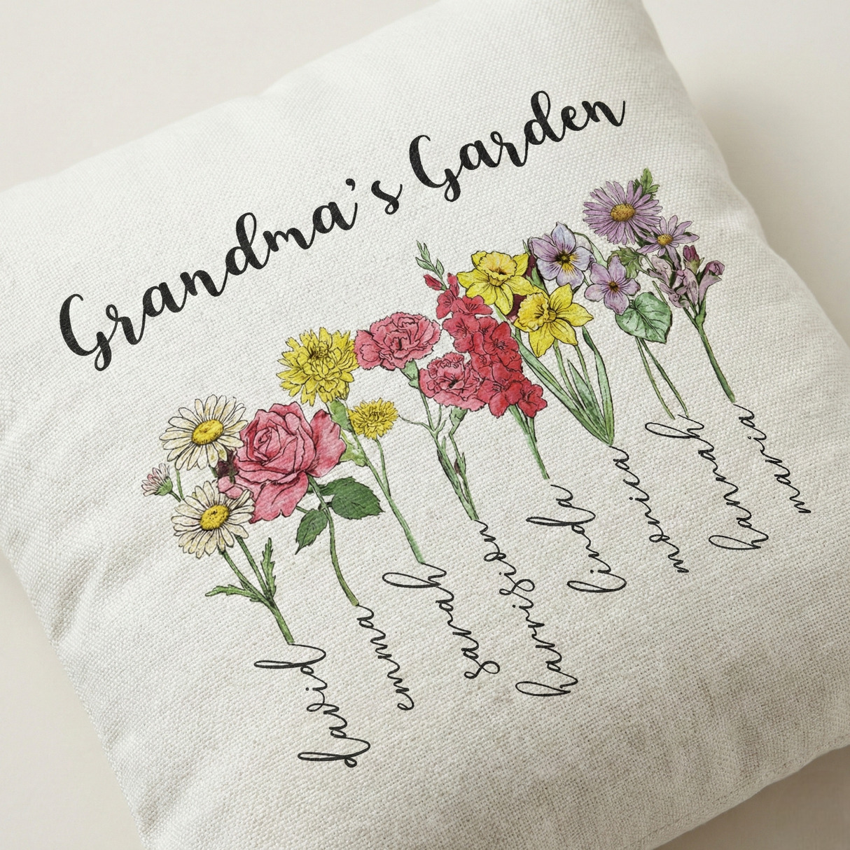 Personalized Grandma’s Garden Pillow – Birth Flower Gift from Grandchildren