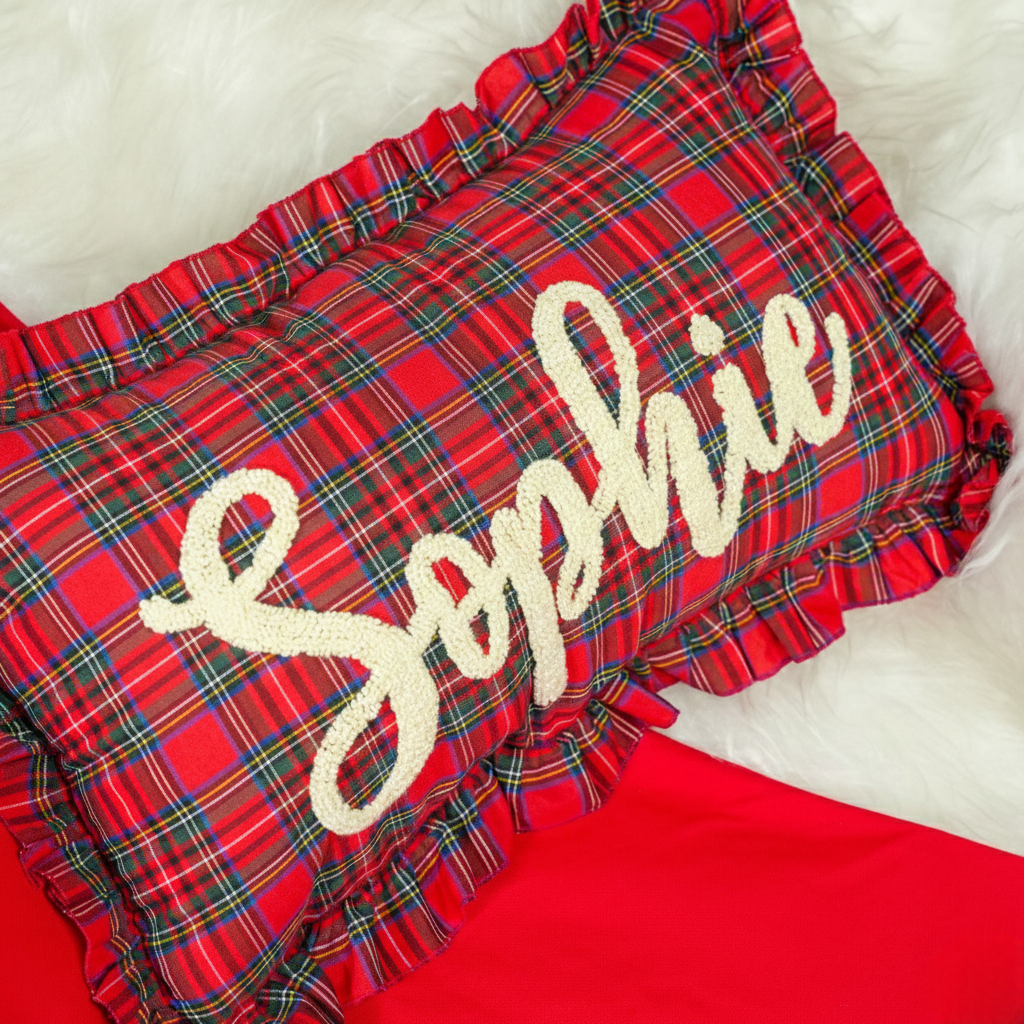 Custom Name Punch Needle Baby Boy Pillow: Blue Gingham Ruffle, College Dorm Decor