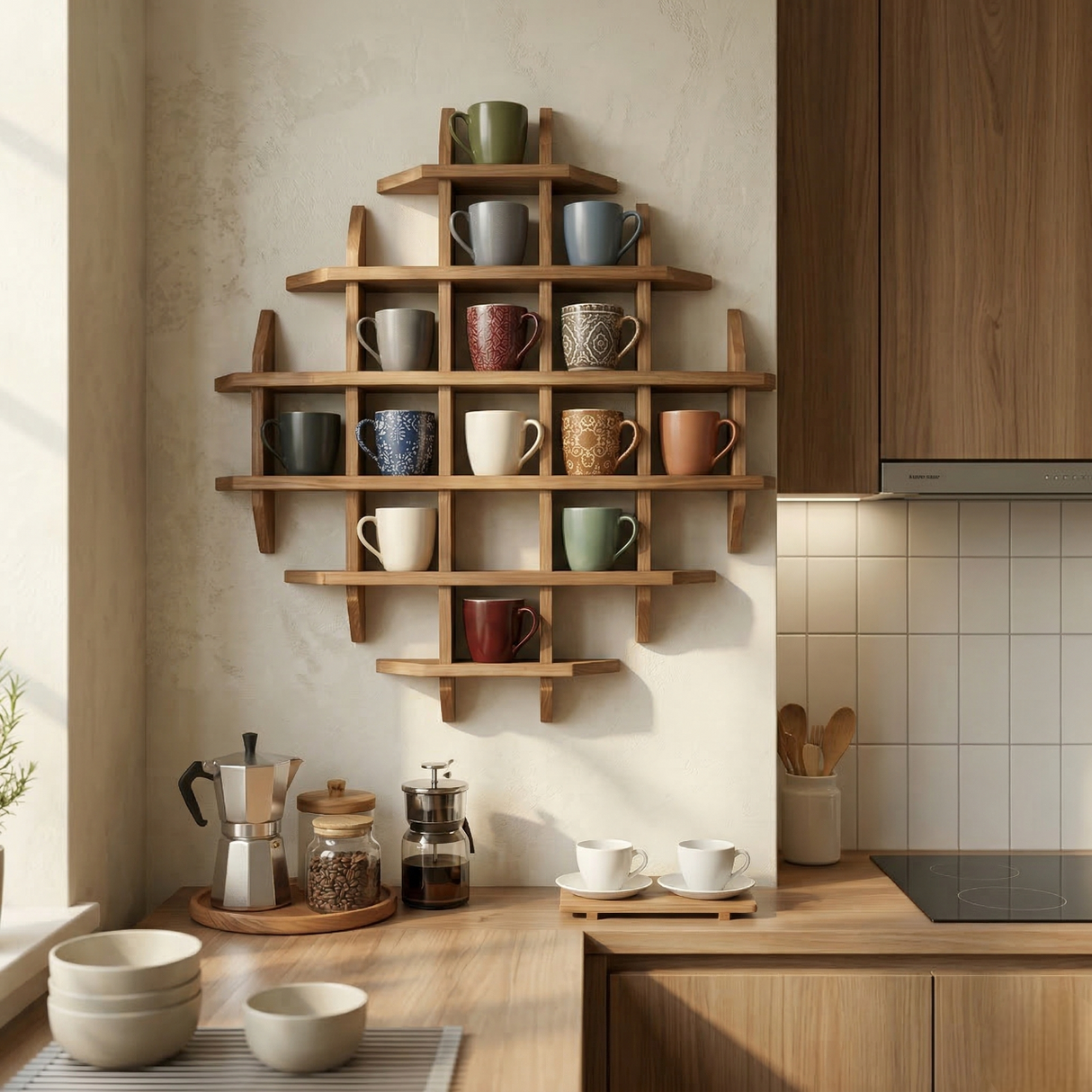 Wall Mounted Tea Coffee Mug Display Shelf: Cup Holder Kitchen Storage