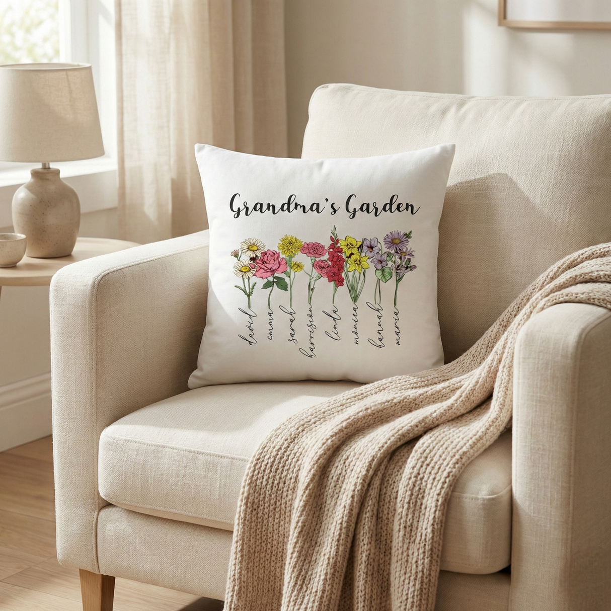 Personalized Grandma’s Garden Pillow – Birth Flower Gift from Grandchildren