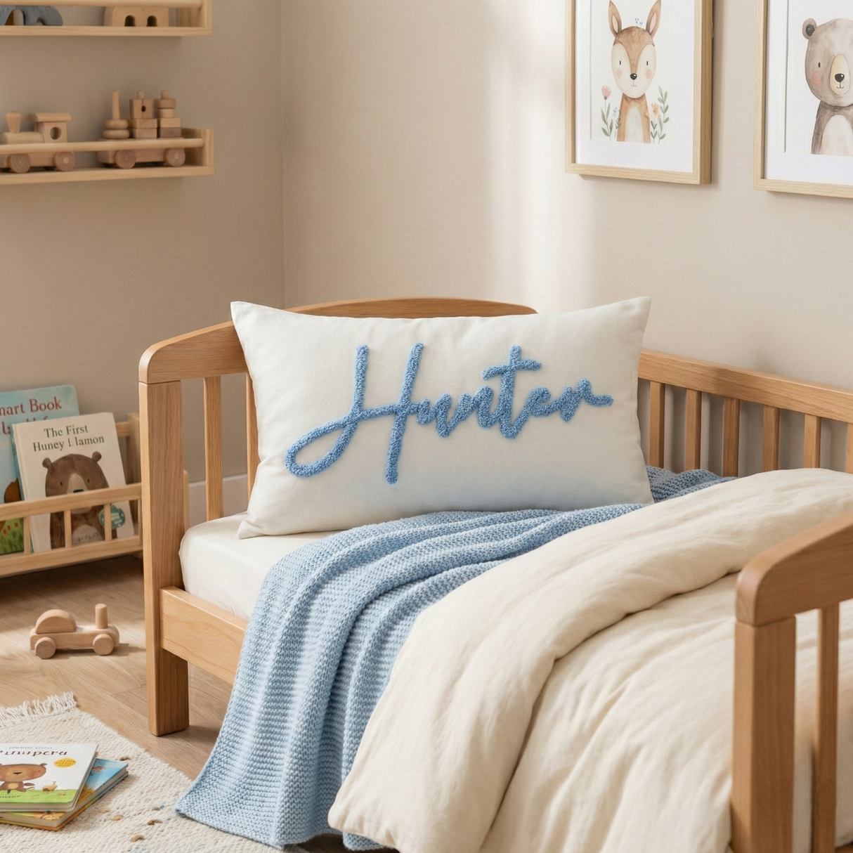Personalized Lumbar Pillow – Punch Needle Embroidered Baby Name Gift