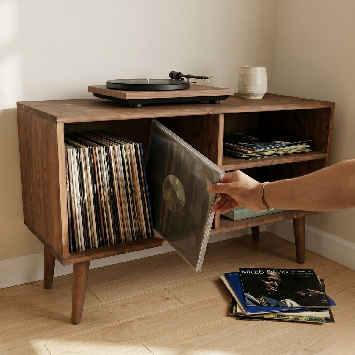 Mid-Century Record Player Stand with Vinyl Storage | Wooden Console Cabinet