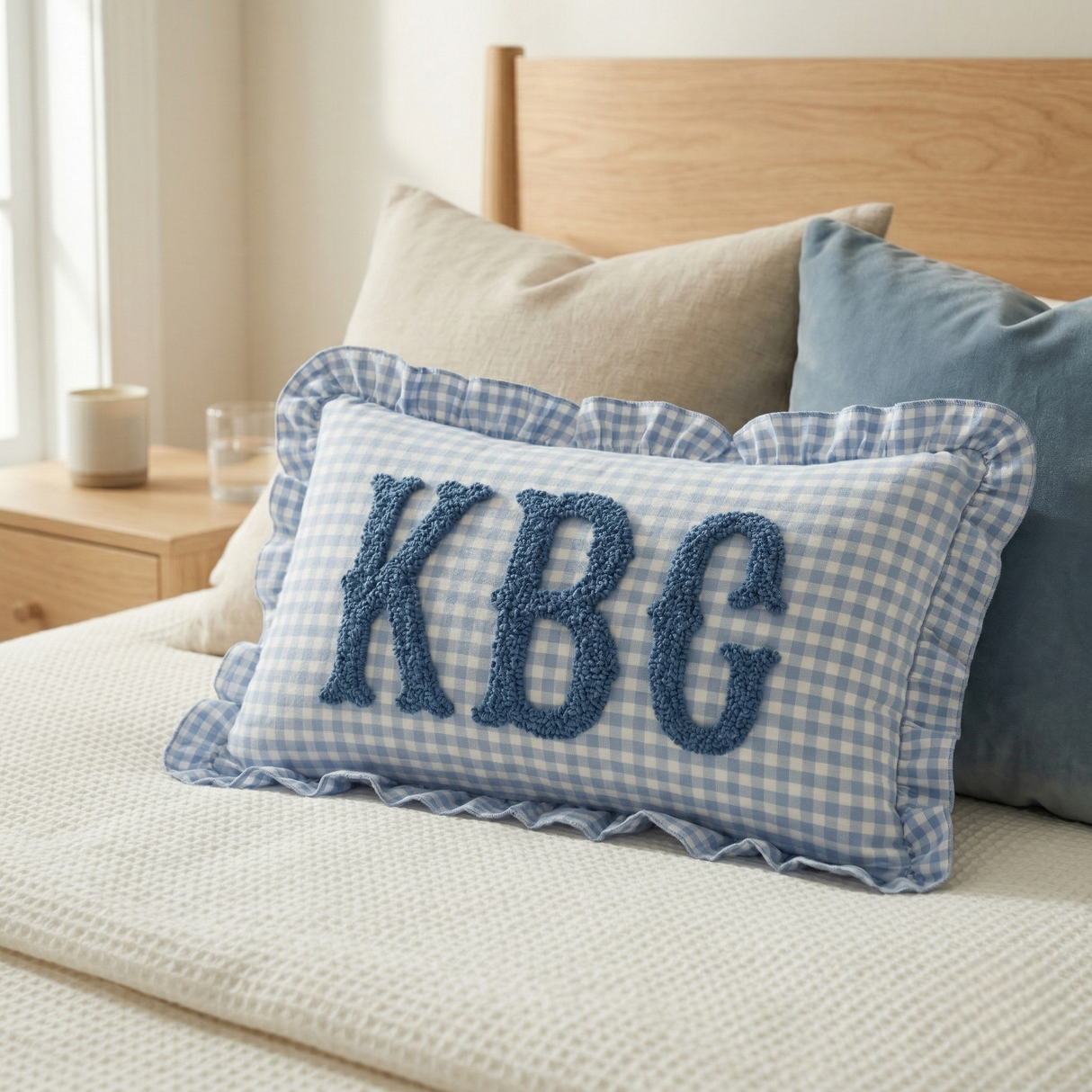 Personalized Monogram Name Pillow: Gingham Ruffle Edge Cushion for Nursery