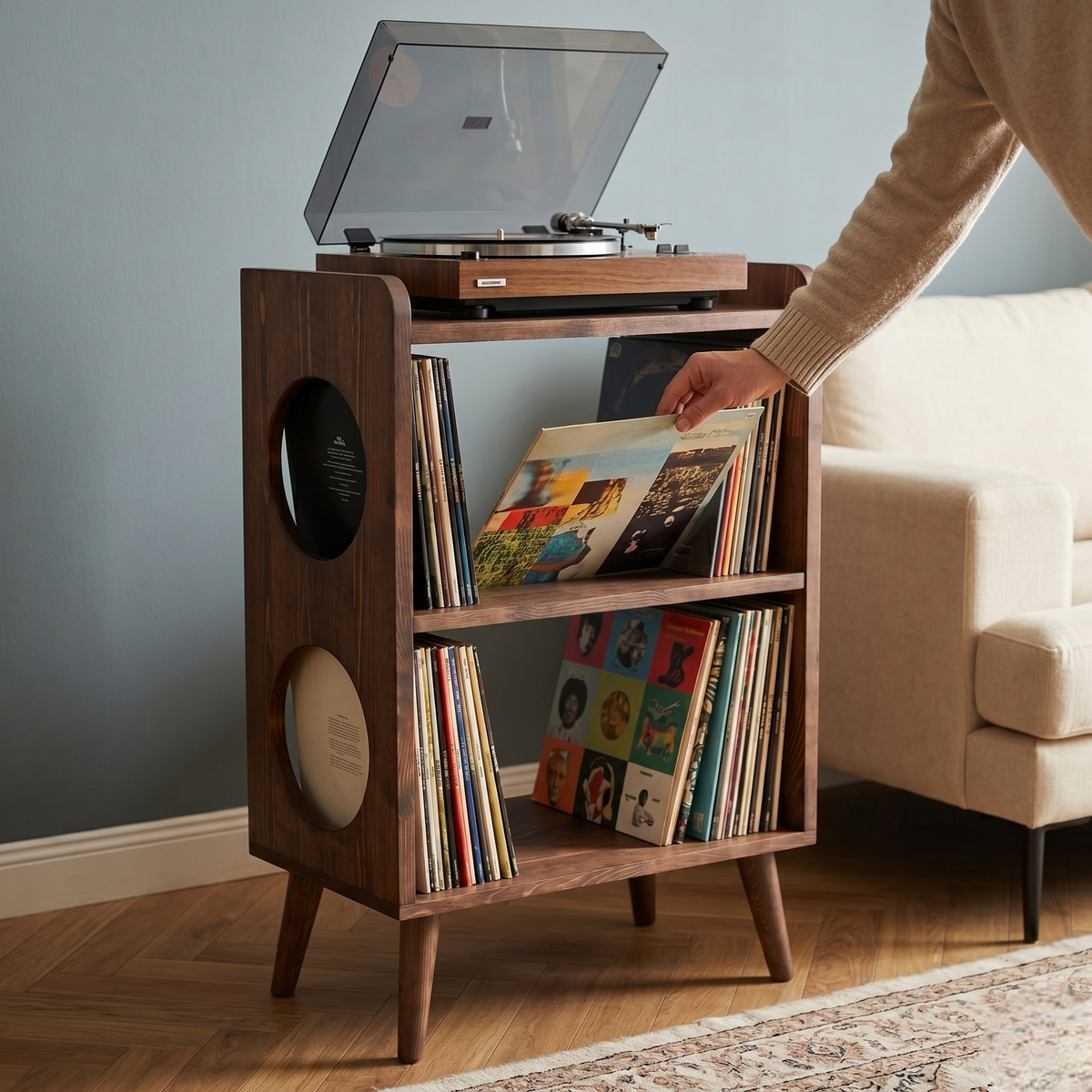 Mid-Century Record Player Stand with Vinyl Storage | Wooden Turntable Cabinet