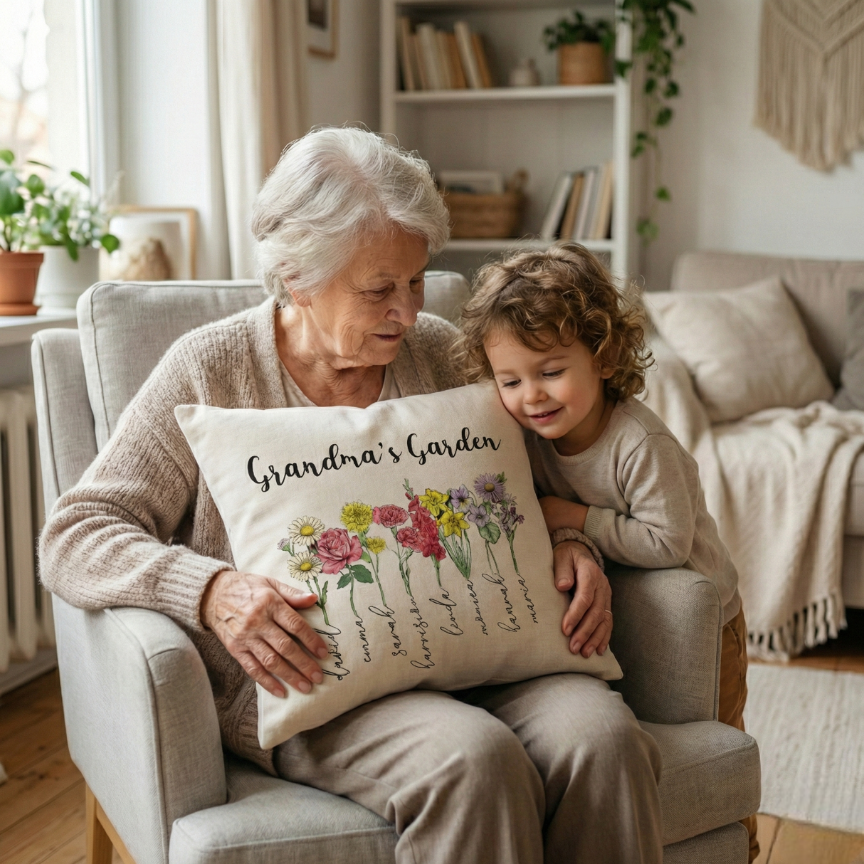 Personalized Grandma’s Garden Pillow – Birth Flower Gift from Grandchildren