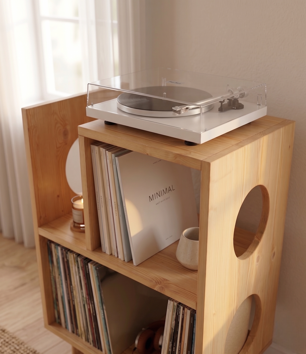 Wooden Turntable Stand with Vinyl Record Storage | Modern Record Player Console