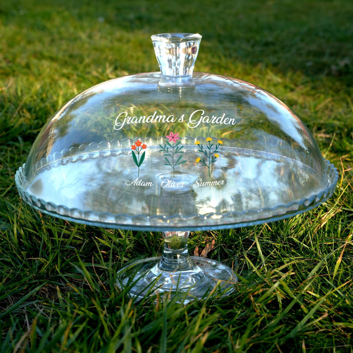 Grandma’s Garden Glass Cake Stand: Personalized Cake Dome, Clear Glass Platter for Family Kitchen