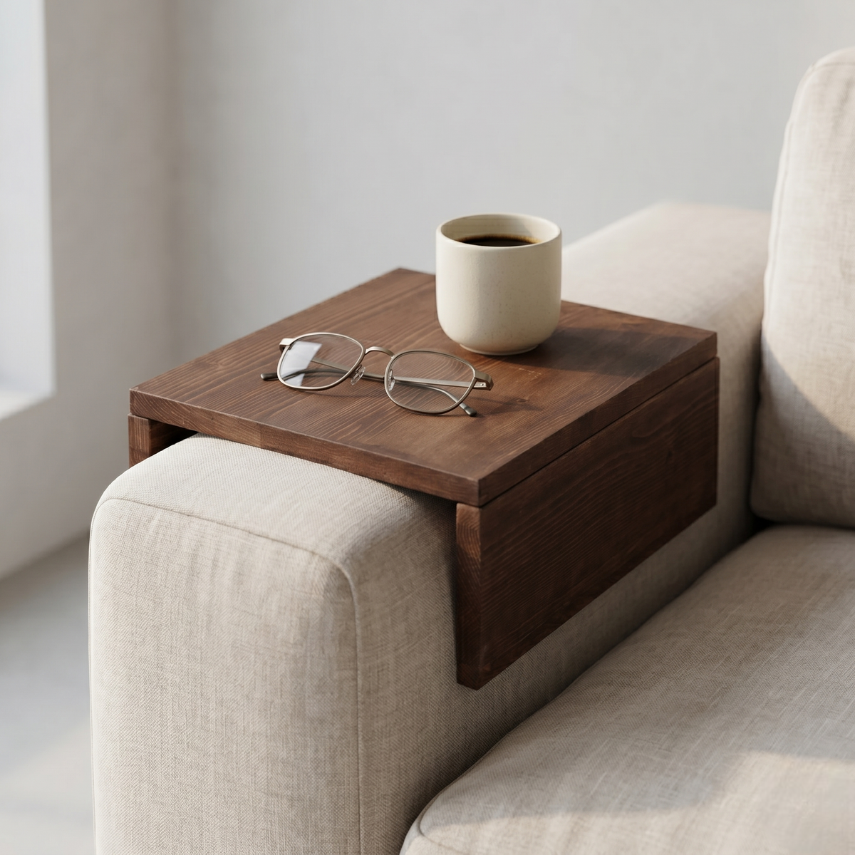 Sofa Armrest Organizer with Storage Pocket | Wooden Couch Tray Table