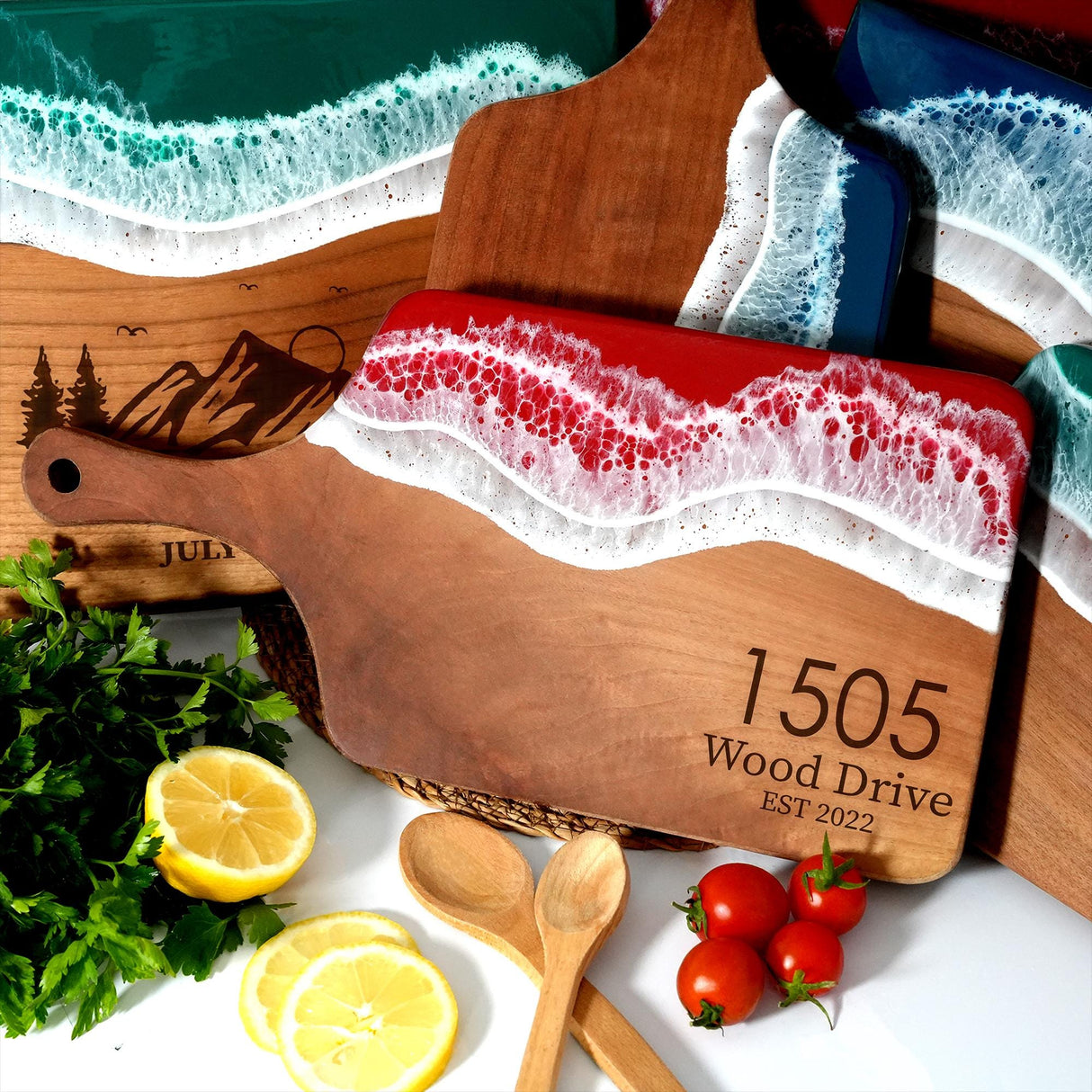 a cutting board with a knife, lemons, tomatoes and parsley