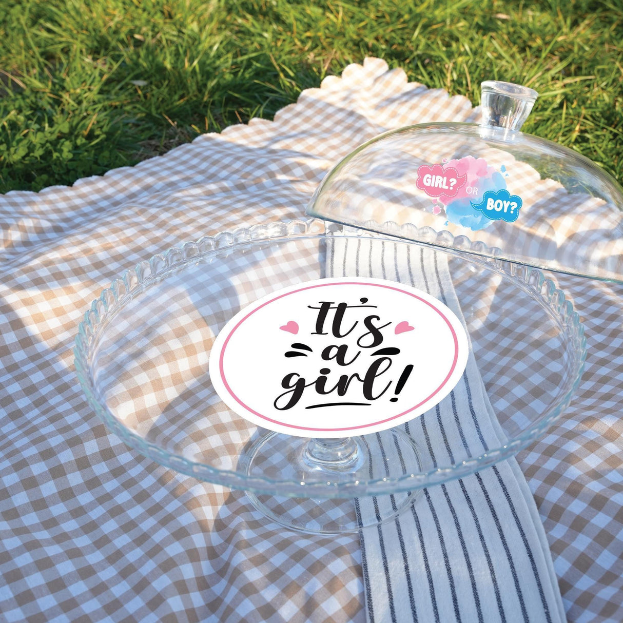 Personalized Gender Reveal Cake Stand: Glass Dome Dessert Display for Baby Shower, Boy or Girl Party