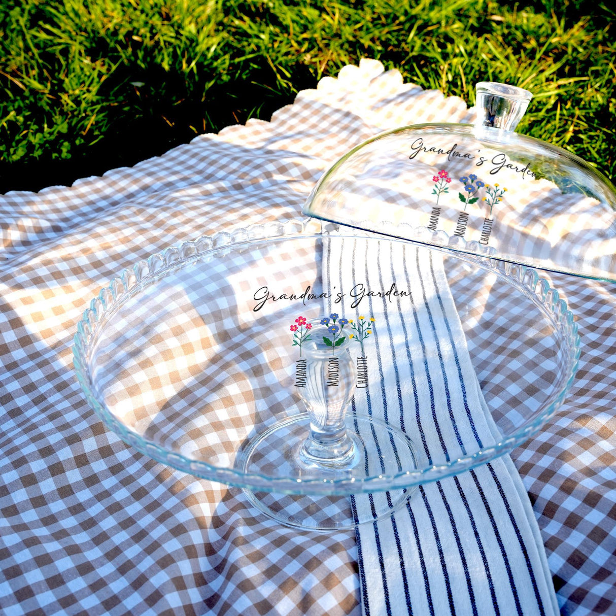 Grandma’s Garden Glass Cake Stand: Personalized Cake Dome, Clear Glass Platter for Family Kitchen
