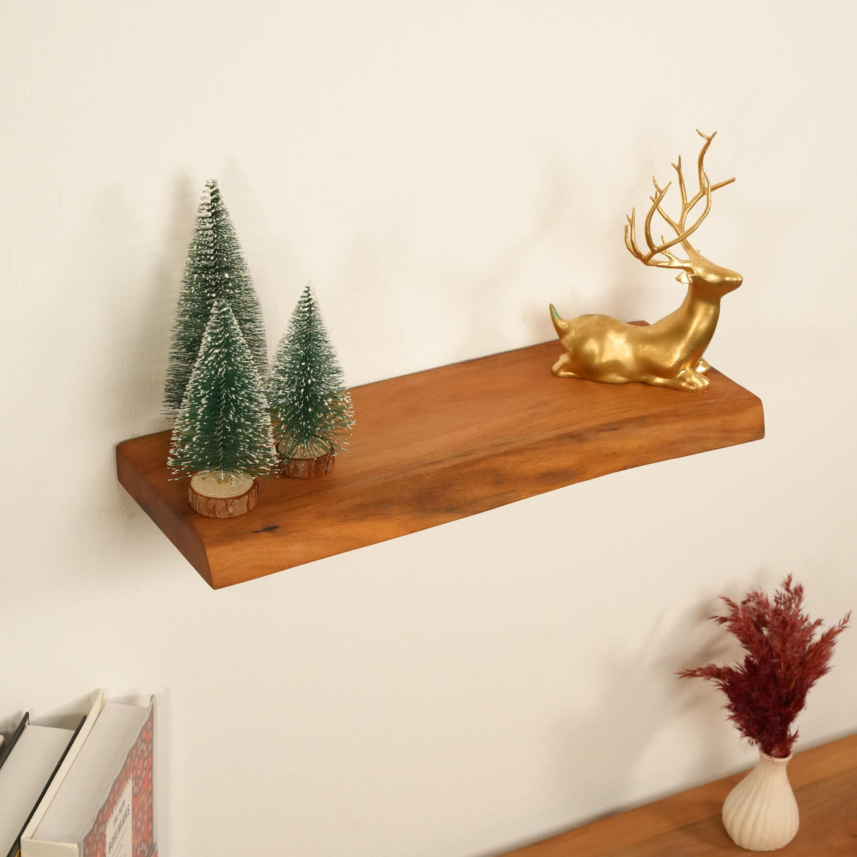 Live Edge Floating Walnut Wood Shelves: Wall Mounted Rack for Kitchen Wall, Natural Wood Wall Decor