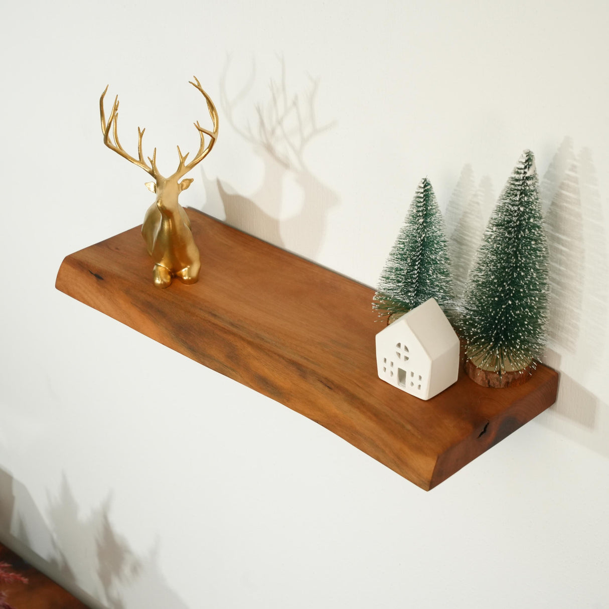 Natural Walnut Floating Kitchen Wall Shelf: Wall Mounted Rack with Hidden Bracket, Rustic Wood Decor