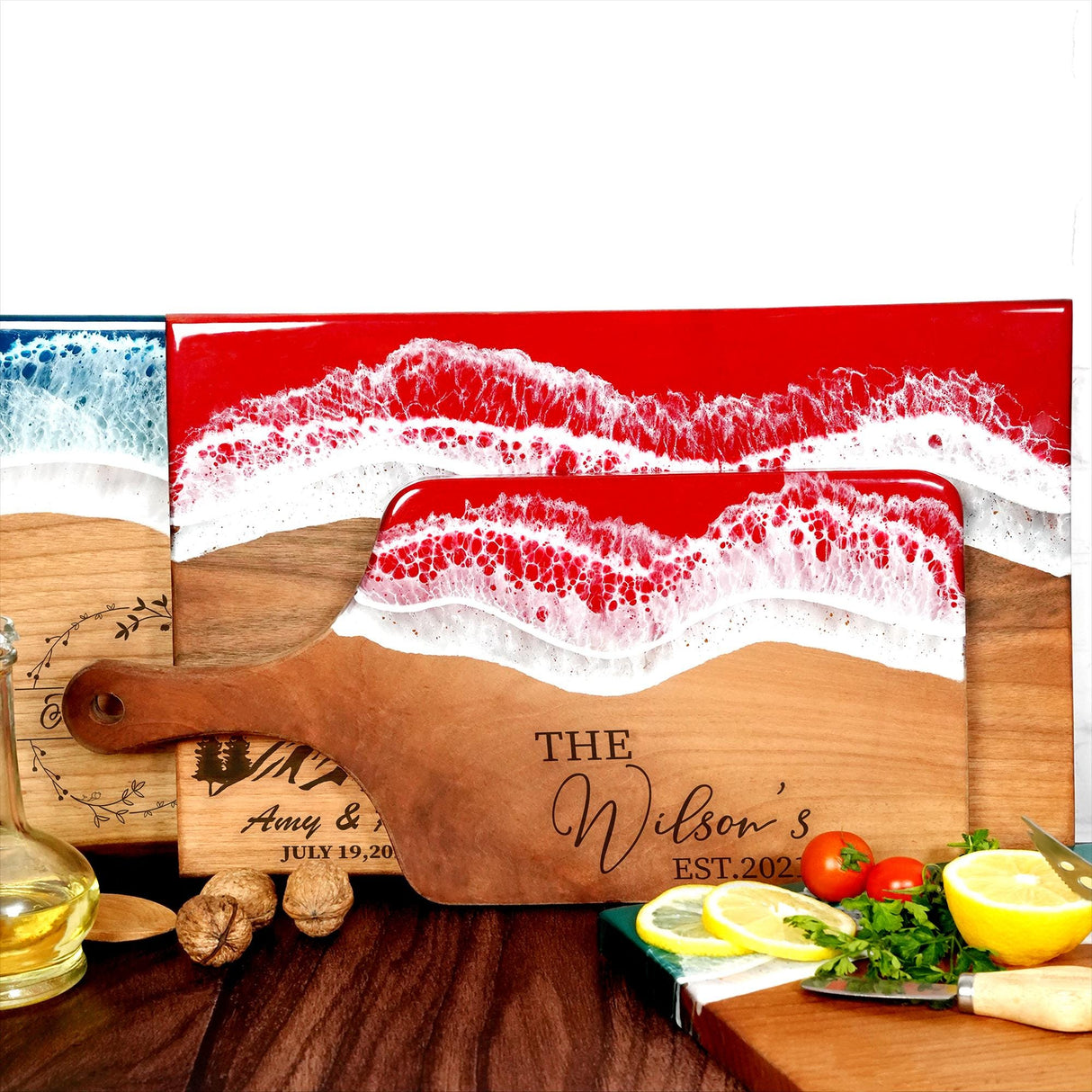 a wooden cutting board with a painting of a beach