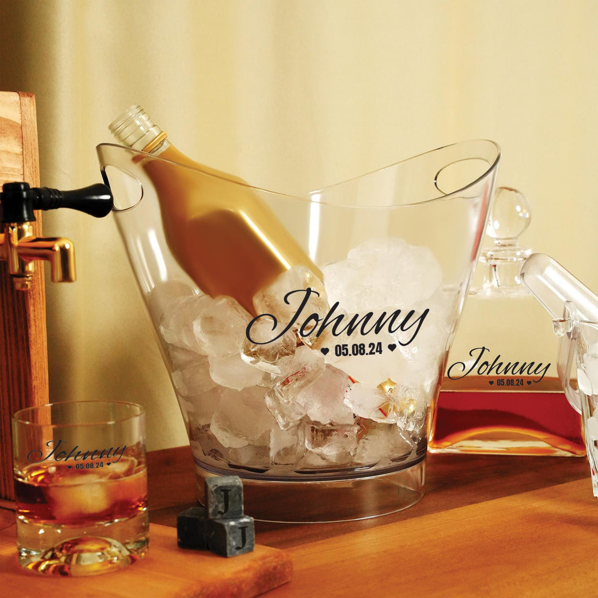 a bottle of wine in a glass with ice