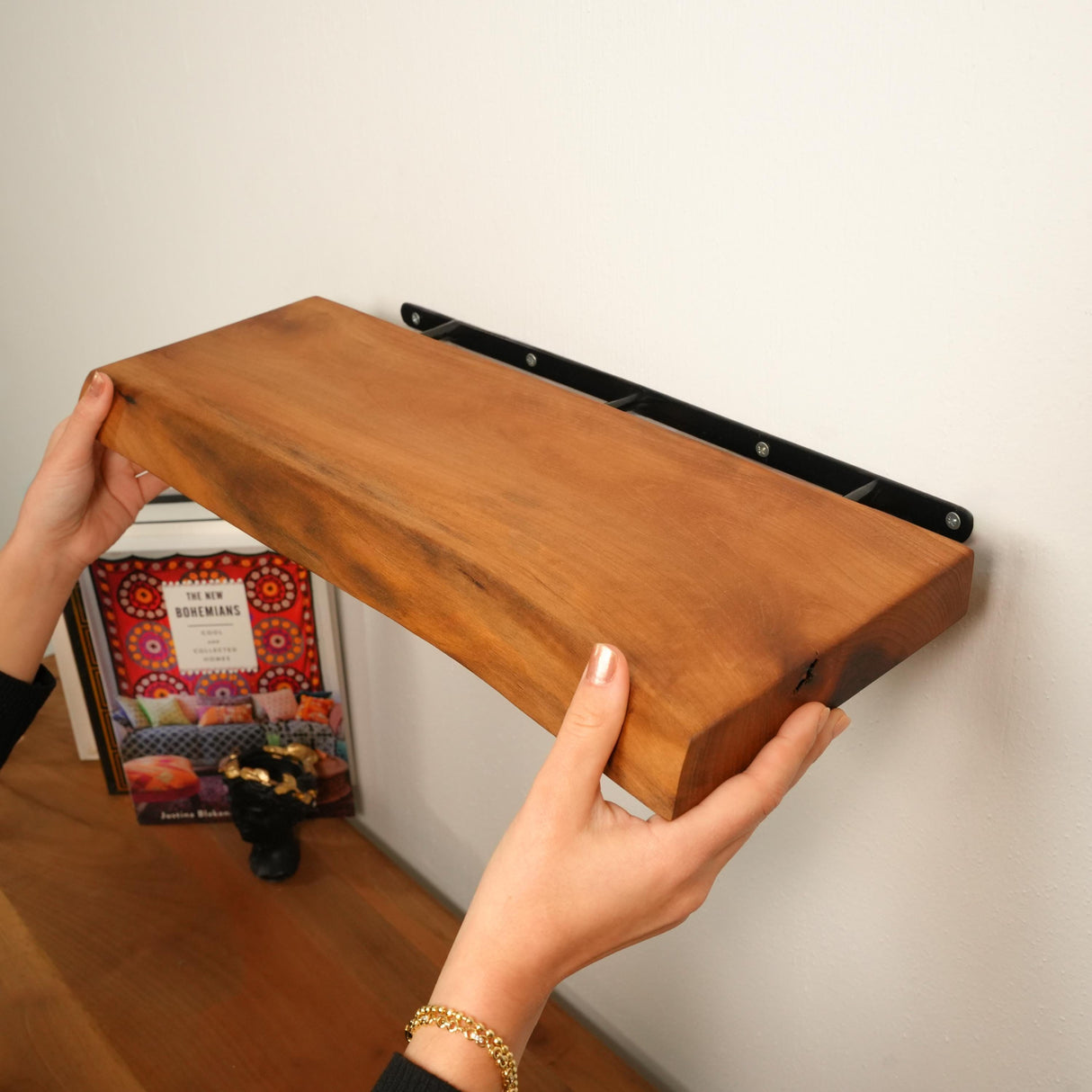 Walnut Floating Live Edge Shelf: Easy Installation with Hidden Bracket, Sleek and Functional Design