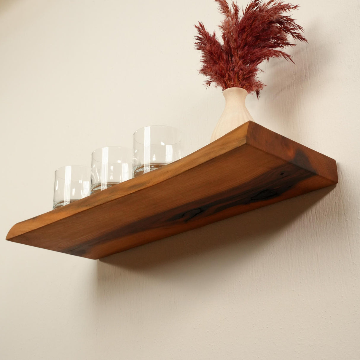 Walnut Floating Live Edge Shelf: Easy Installation with Hidden Bracket, Sleek and Functional Design