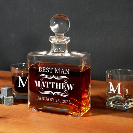 a bottle of whiskey sitting on top of a wooden table