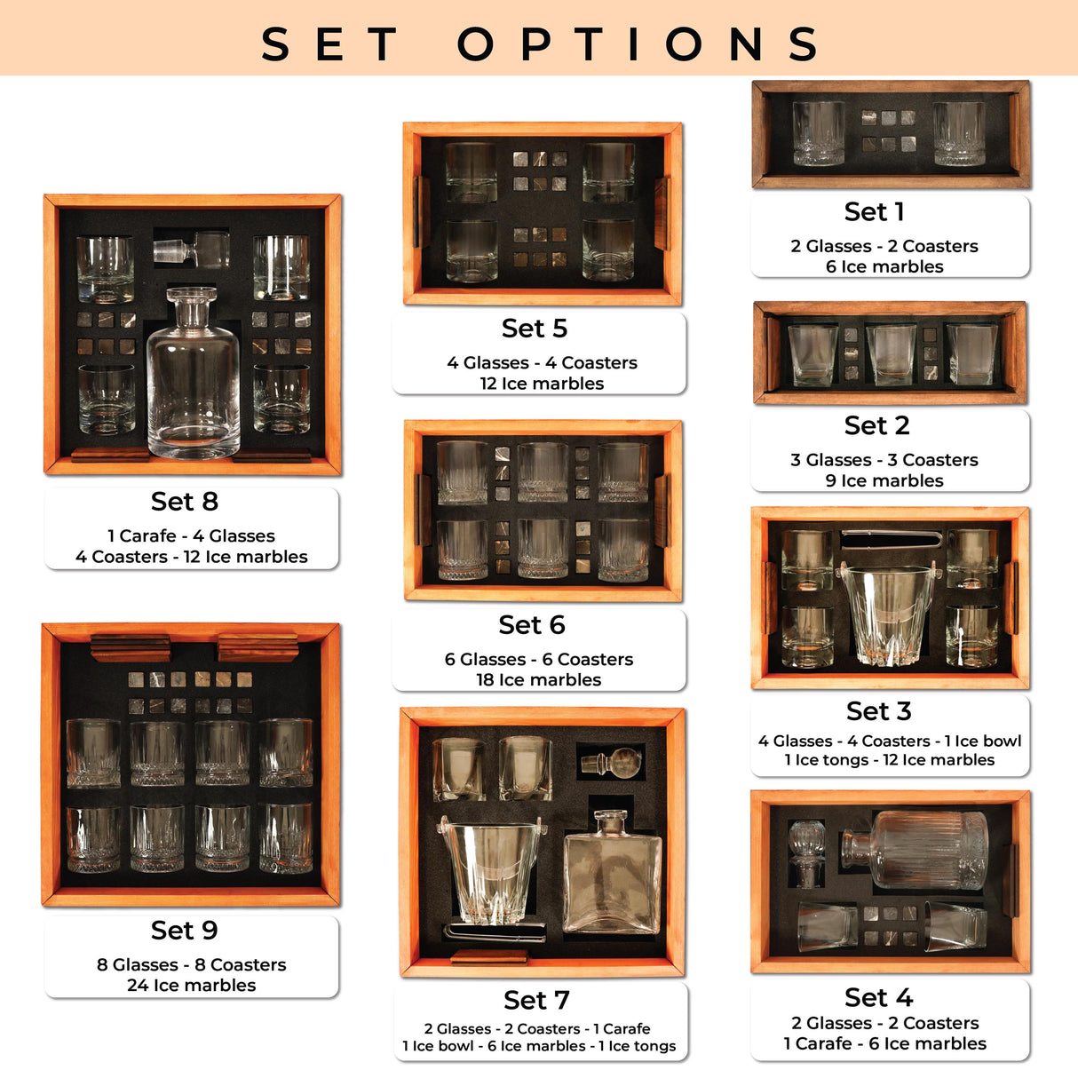 the contents of a set of glasses in a wooden box