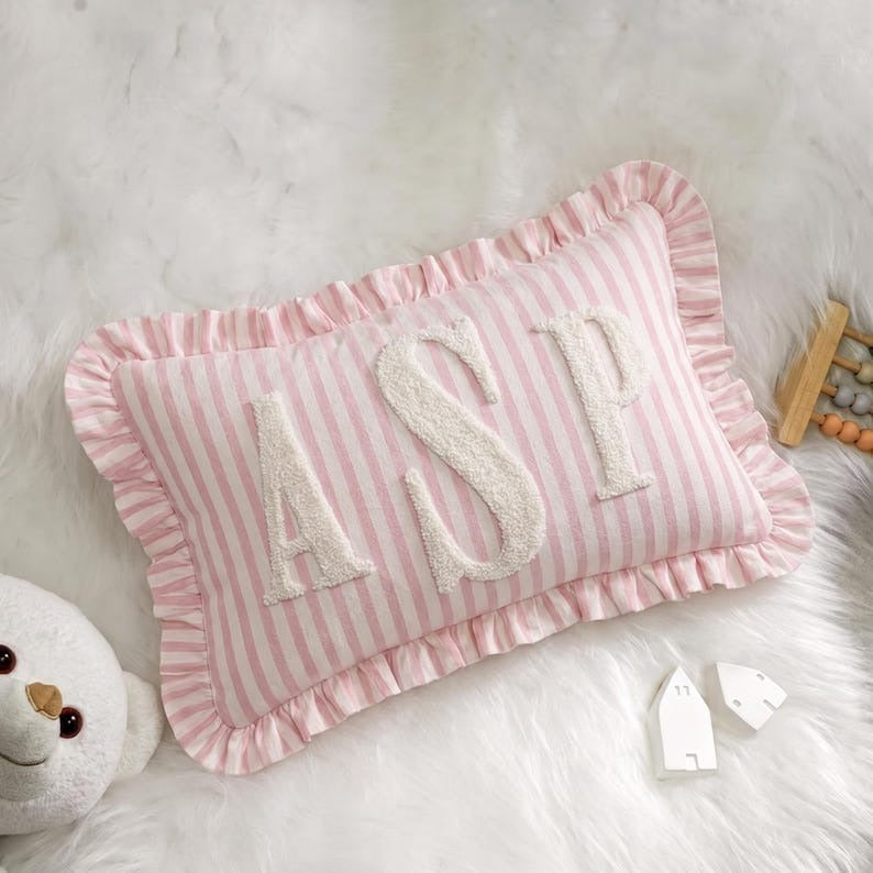 Custom Name Embroidered Pillow for Baby, Striped Ruffle Nursery Decor Cushion